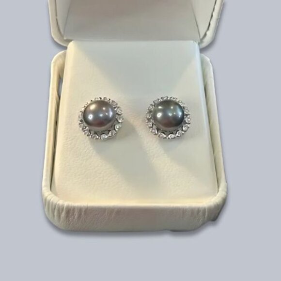 Peacock Pearls Halo Earrings CZ Sterling Silver 925 Stud Butterfly Clasp Grey OS - Picture 2 of 3